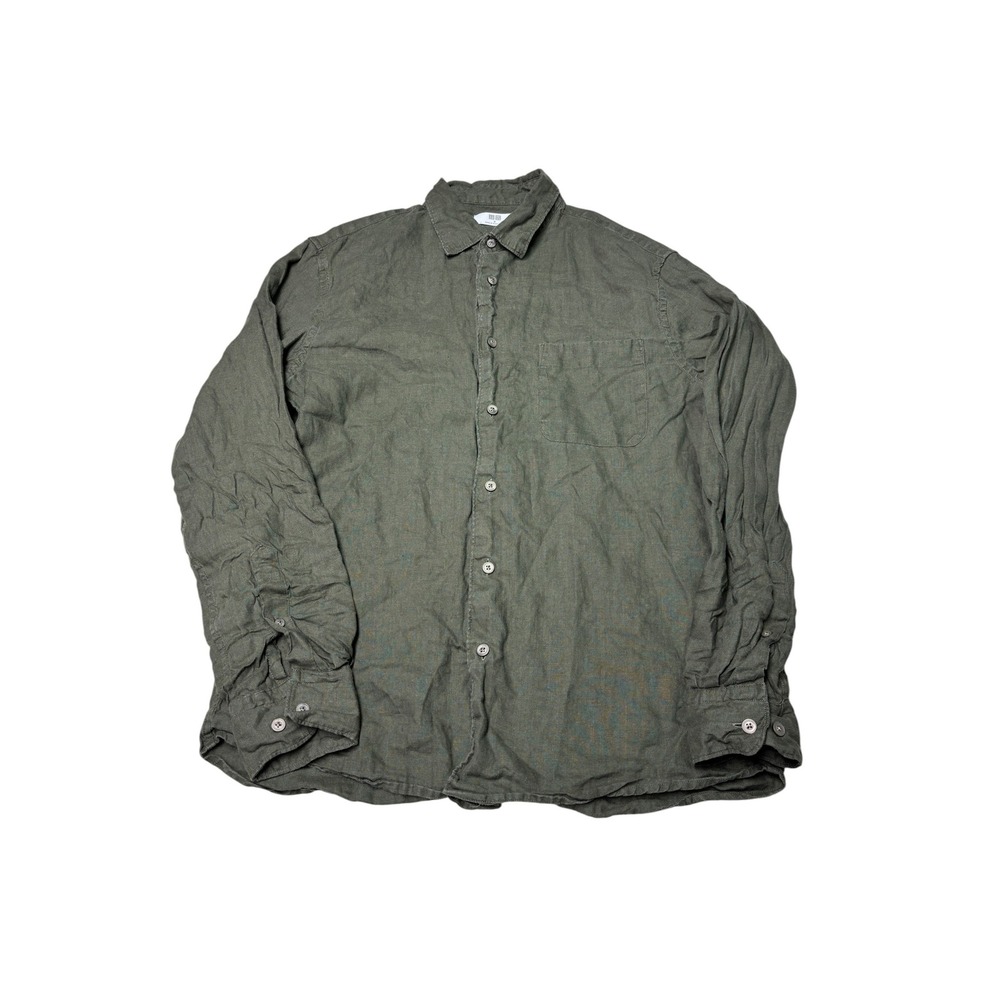 Uniqlo Mens Premium Linen Long Sleeve Button Up Shirt Olive Green Medium 464932
